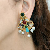 Noor Kundan Earrings – Multicolor Pearl Drop Collection